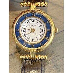 Women Fossil Authentic Vintage Watch Blue Breaded Band Pyramid Crystal Gold Case